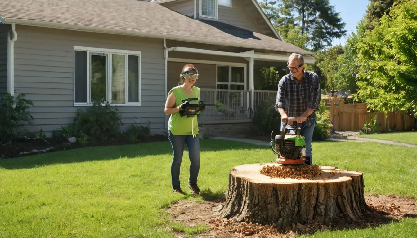 Stump grinder cutting down an old tree stump in a family backyard in Springfield